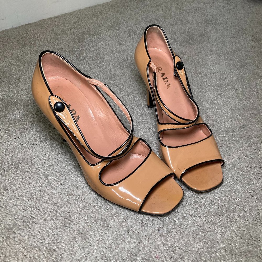 Prada Beige Patent Leather Slingback Heels